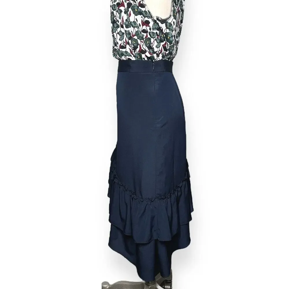 CLUB MONACO Hespe Skirt Tiered Ruffle A-Line Asymmetric Handkerchief Hem Blue 4